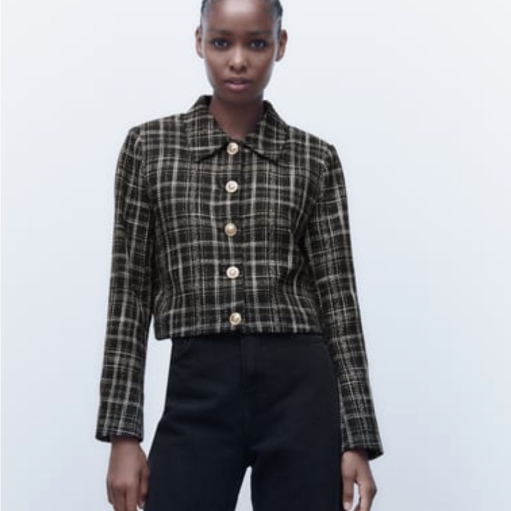 Zara Black & White Tweed Plaid Cropped Jacket - Size XS